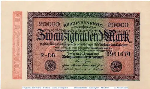 Reichsbanknote , 20.000 Mark , Hakensterne , Kn 7 , DEU-95 j , Rosenberg 84 , P 85 , vom 20.02.1923 , Inflation
