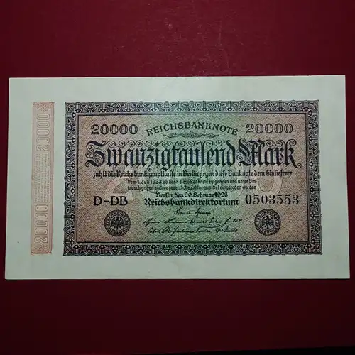 Ros. 84 f, Banknote über 20.000 Mark Reichsmark vom 20.02.1923, DB - 7 stellige KN, Wz - Hakensterne , in leicht gebrauchter Erhaltung , 1- bis 3