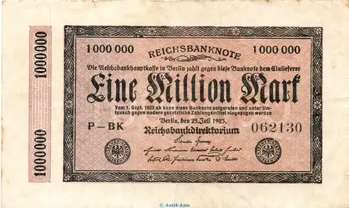 Reichsbanknote , 1 Million Mark Schein in gbr. DEU-105, Ros.93, P.93  vom 25.07.1923 , Nachkriegszeit und Inflation
