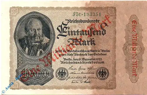 Reichsbanknote , 1 Milliarde Mark , Überdruck ORANGE , DEU-126.F.e, Ros.110, P.113 vom 15.12.1922 , Weimarer Republik - Inflation