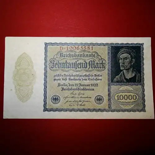 Banknote , 10.000 Mark Schein in gbr. DEU-78.c, Ros.69, P.72, Weimarer Republik 1922 Inflation