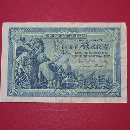 Reichskassenschein über 5 Mark, Reichsmark Banknote vom 31.10.1904 , in guter gebrauchter Erhaltung