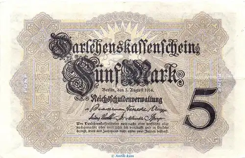 Reichsbanknote , 5 Mark Schein in gbr. DEU-54.b-c, Ros.48, P.47 , vom 05.08.1914 , deutsches Kaiserreich