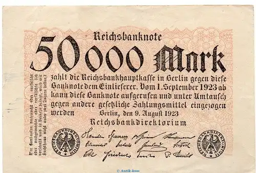 Reichsbanknote , 50.000 Mark Schein in gbr. DEU-110 , Ros.98, P.99 vom 09.08.1923 , Weimarer Republik