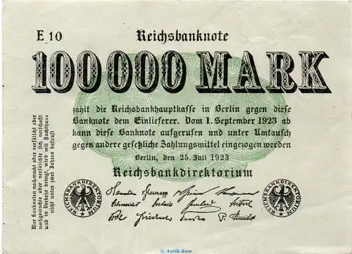 Reichsbanknote , 100.000 Mark Schein in gbr. DEU-102.a, Ros.90, P.91 , vom 25.07.1923 , Weimarer Republik - Inflation