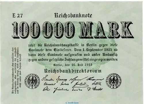 Reichsbanknote , 100.000 Mark Schein in f-kfr. DEU-102.b, Ros.90, P.91 , vom 25.07.1923 , Weimarer Republik - Inflation