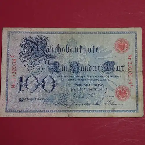 Ros. 17 , Reichsbanknote über 100 Mark Reichsmark , Banknote vom 01.07.1898 , in stärker gebrauchter Erhaltung