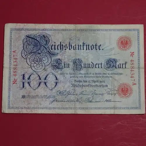 Ros. 20 , Reichsbanknote über 100 Mark Reichsmark , Banknote vom 17.04.1903 , in stärker gebrauchter Erhaltung