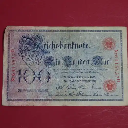 Ros. 23 , Reichsbanknote über 100 Mark Reichsmark , Banknote vom 18.12.1905 , in stärker gebrauchter Erhaltung