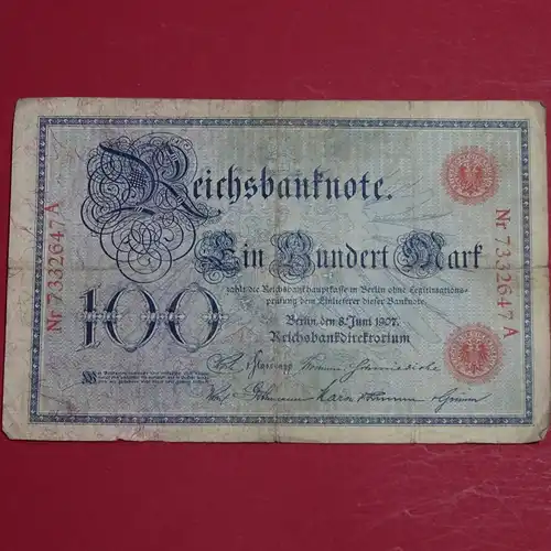 Ros. 30 , Reichsbanknote über 100 Mark Reichsmark , Banknote von 1907 , in stärker gebrauchter Erhaltung