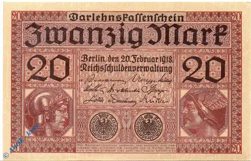 Reichsbanknote , 20 Mark Schein in kfr. DEU-62, Ros.55, P.57 , vom 20.02.1918 , Kaiserreich