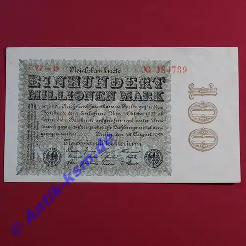 Ros. 106 s , Reichsbanknote über 100 Millionnen Mark , Reichsmark , Banknote vom 22.08.1923 , in fast kassenfrischer Erhaltung