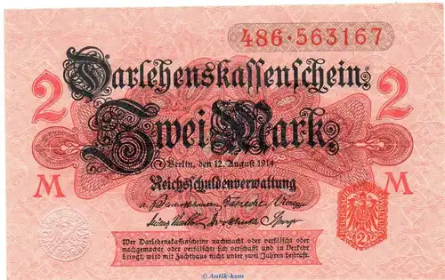 Darlehnskassenschein , 2 Mark in kfr. DEU-60, Ros.52.c, P.54 , vom 12.08.1914 , Kaiserreich