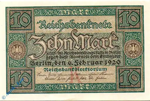 Reichsbanknote , 10 Mark Schein , Kn 7 , DEU-73 a , Rosenberg 63 , P 67 , vom 06.02.1920 , Weimarer Republik