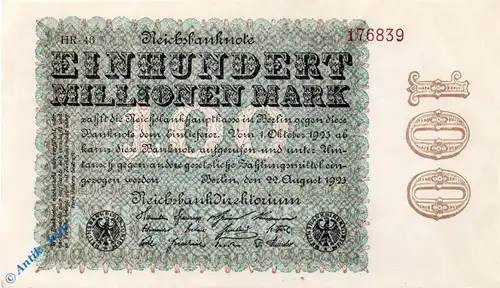 Reichsbanknote , 100 Millionen Mark -Hakensterne- in kfr.  DEU-120.s, Ros.106, P.107 vom 22.08.1923 , Inflation