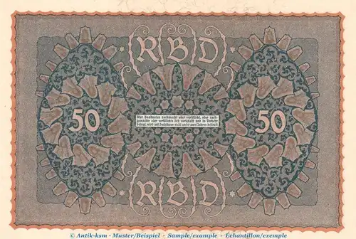 Reichsbanknote , 50 Mark Schein in kfr. DEU-71.a, Ros.62, P.66 , vom 24.06.1919 , Wemarer Republik - Inflation