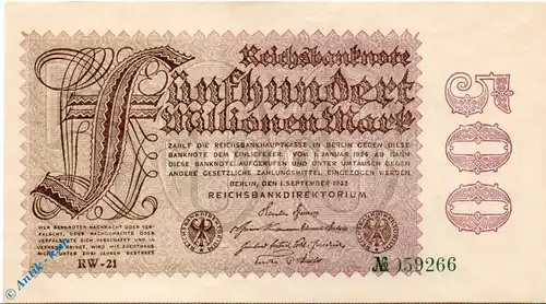 Reichsbanknote , 500 Millionen Mark  -Hakensterne- in kfr. DEU-125.h, Ros.109 , P.110 , vom 01.09.1923 , Nachkriegszeit und Inflation