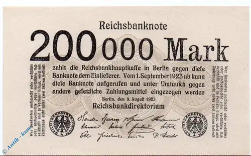 Reichsbanknote , 200.000 Mark Schein in kfr. DEU-111 b , Ros.99 , P.100 , vom 09.08.1923 , Weimarer Republik