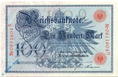 Reichsbanknote , 100 Mark Schein , rote Siegel , DEU-31 b , Rosenberg 33 , P 33 , vom 07.02.1908 , Kaiserreich