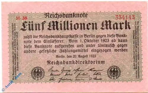 Reichsbanknote , 5 Million Mark Schein in kfr. DEU-117 b , Ros.104 , P.105 , vom 20.08.1923 , Weimarer Republik