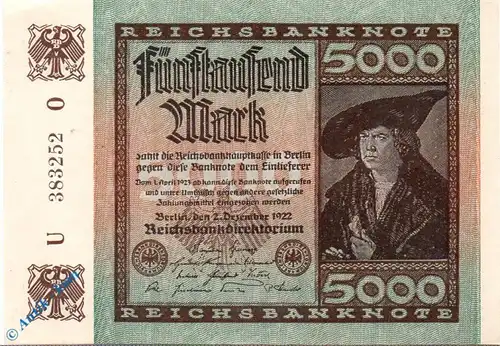 Reichsbanknote , 5.000 Schein in kfr. Hakensterne , DEU-91.f , Ros.80 , P.81 , vom 02.12.1922 , Weimarer Republik