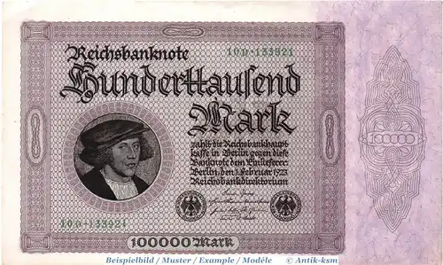 Reichsbanknote , 100.000 Mark Schein in kfr. DEU-93.d , Ros.82, P.83 , vom 01.02.1923 , Nachkriegszeit und Inflation