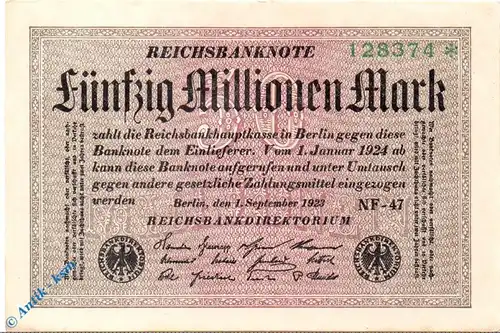 Reichsbanknote , 50 Millionen Mark , Wz Gitter mit 8 , DEU-123 a , Rosenberg 108 , P 109 , vom 01.09.1923 , Inflation
