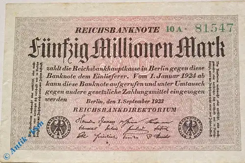Reichsbanknote über 50 Millionen Mark , Rosenberg 108 A , Kennummer 5-stellig , Banknote vom 01.09.1923