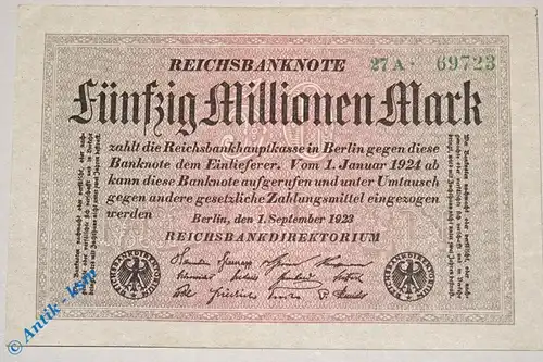 Reichsbanknote über 50 Millionen Mark , Rosenberg 108 A , Kennummer 5-stellig , fast kfr. Banknote vom 01.09.1923