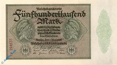 Reichsbanknote , 500.000 Mark -KN 1x li.- in kfr. DEU-99 f, Ros.87, P.88 , vom 01.05.1923 , Weimarer Republik - Inflation