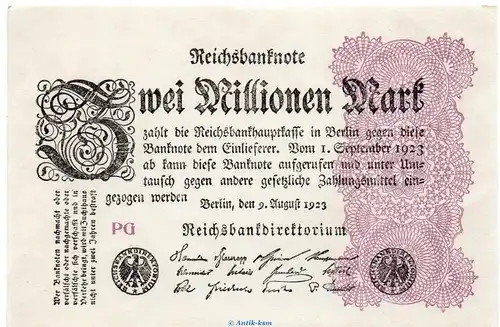 Reichsbanknote , 2 Millionen Mark , Wz Hakensterne , DEU-116 d , Rosenberg 103 , P 104 , vom 09.08.1923 , Inflation