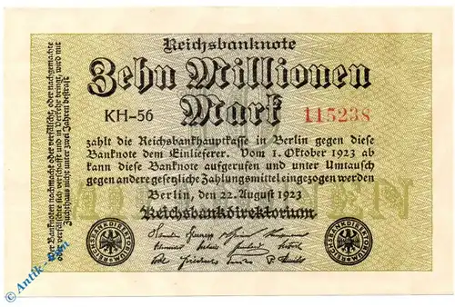 Banknote über 10 Millionen Mark Schein -Hakensterne-  in kfr. DEU-118 g , P 106 , von 1923 , Deutsches Reich , Inflation