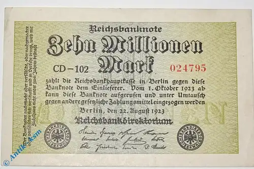 Reichsbanknote , 10 Millionen Mark Schein , Wz Ringe , DEU-118 e , Rosenberg 105 , P 106 , vom 22.08.1923 , Inflation