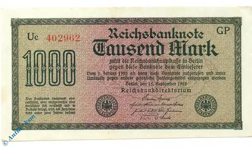 Reichsbanknote über 1.000 Mark , Wz Wellen , DEU-86 d , Ros 75 , P 76 , 15.09.1922 , Weimarer Republik