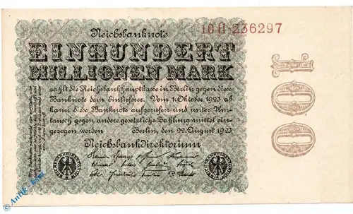Banknote über 100 Millionen Reichsmark , Wz Kreuzblüten , DEU-120 c , P 107 , von 1923 , Deutsches Reich , Inflation