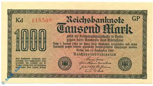 Banknote , 1000 Mark -Wz Dornen- DEU-85, Ros.75, P.76 , Weimarer Republik 1922 Inflation