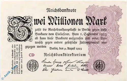 Reichsbanknote , 2 Millionen Mark Schein , Wz Ringe , DEU-116 c , Rosenberg 103 , P 104 , vom 09.08.1923 , Inflation