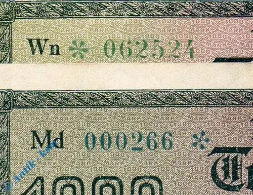 Reichsbanknote , 1.000 Mark Schein gbr , Kn blaugrün , DEU-84 h , Rosenberg 75 , P 76 , vom 15.09.1922 , Weimarer Republik