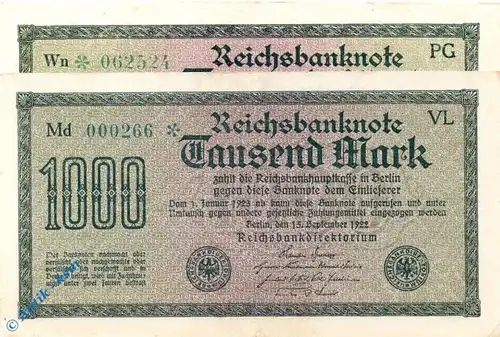 Reichsbanknote , 1.000 Mark Schein gbr , Kn blaugrün , DEU-84 h , Rosenberg 75 , P 76 , vom 15.09.1922 , Weimarer Republik
