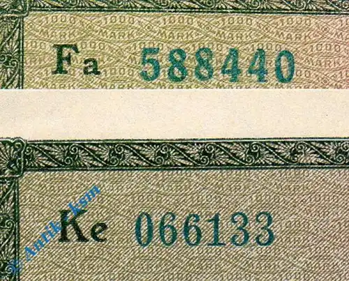 Reichsbanknote , 1.000 Mark Gitter mit 8 , Kn blaugrün , DEU-84.h, Ros.75, P.76 , vom 15.09.1922 , Weimarer Republik