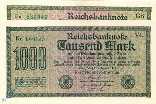 Reichsbanknote , 1.000 Mark Gitter mit 8 , Kn blaugrün , DEU-84.h, Ros.75, P.76 , vom 15.09.1922 , Weimarer Republik
