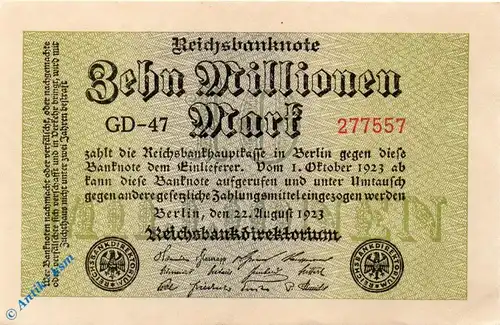 Reichsbanknote , 10 Millionen Mark Schein , Gitter mit 8 , DEU-118 b , Rosenberg 105 , P 106 , vom 22.08.1923 , Inflation