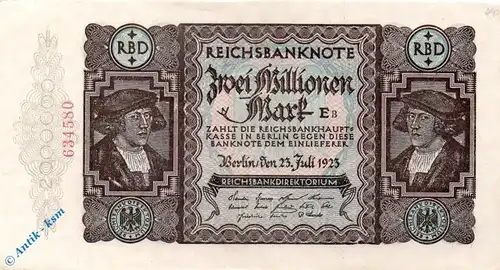 Reichsbanknote , 2 Millionen Mark Schein in kfr. DEU-101 a,b , Ros.89, P 89 , 23.07.1923 , Inflation