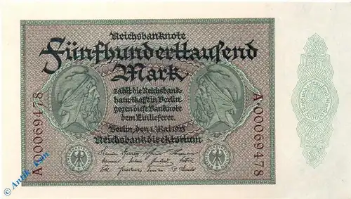 Reichsbanknote , 500.000 Mark Schein , DEU-99 b , Rosenberg 87 , P 88 , 01.05.1923 , Inflation