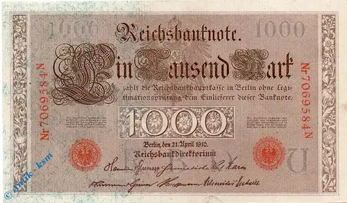 Reichsbanknote , 1.000 Mark Schein , Inflationsausgabe , DEU-40 c , Rosenberg 45 , P 44 , 21.04.1910 , Kaiserreich
