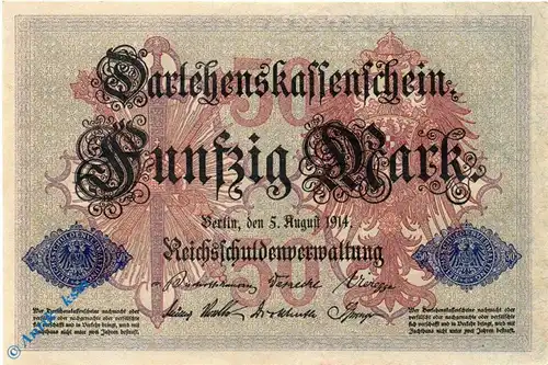 Darlehnskassenschein , 50 Mark Banknote kfr , DEU-56 b , Rosenberg 50 , P 49 , vom 05.08.1914 , Kaiserreich