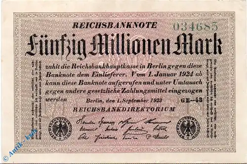 Reichsbanknote , 50 Millionen Mark -Hakensterne- in kfr. DEU-123.h, Ros.108, P.109 vom 01.9.1923 , Inflation