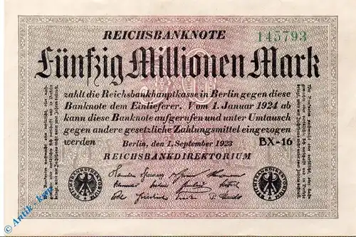 Reichsbanknote , 50 Millionen Mark in kfr. Ringe , DEU-123.c , Ros.108 , P.109 , vom 01.9.1923 , Weimarer Republik , Inflation