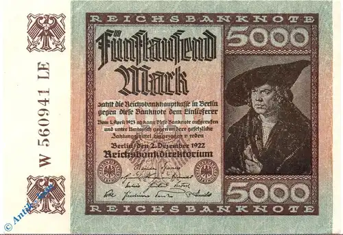 Reichsbanknote , 5.000 Mark Schein in kfr. Dornen , DEU-91.a , Ros.80 , P.81 , vom 02.12.1922 , Weimarer Republik