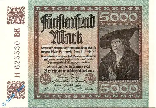 Reichsbanknote , 5.000 Schein , Wz Mäander , DEU-91 b , Rosenberg 80 , P 81 , vom 02.12.1922 , Weimarer Republik